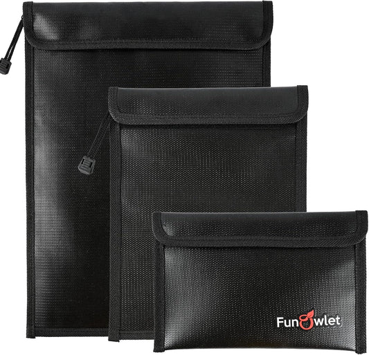 FunOwlet Fireproof Waterproof Document Bag, Fire and Water Resistant Safe Zipper Storage Organizer Pouch for A4/A5 Documents Holder, File, Cash, Jewelry, Passport, Tablet, Laptop, 3 Pack (Black)