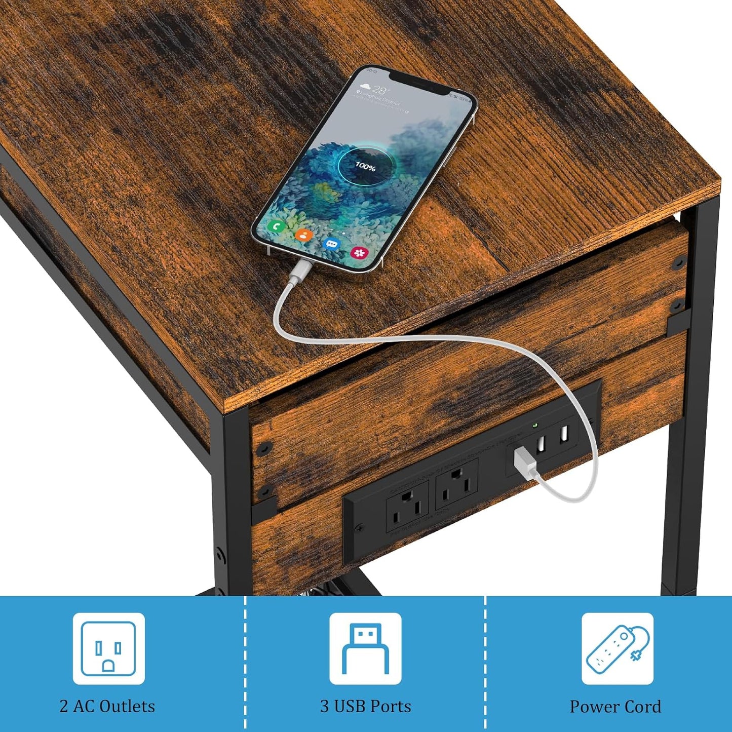 2 Tier Computer Tower Stand, Adjustable Printer Stand with Charge Station and USB Charging Port, PC Tower Stand CPU Holder Cart with Wheels for Home Office Fax, Brown