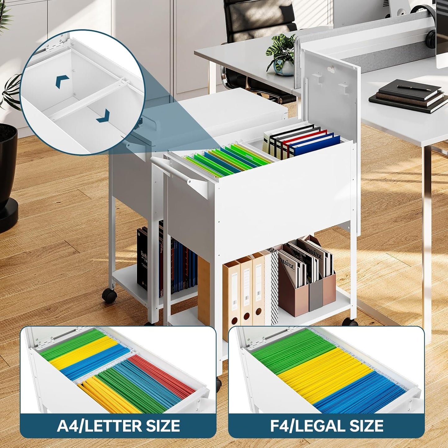Mobile File Cart with Lock, Rolling File Cabinet Hanging Letter/Legal File Folders with Lockable Sliding Cover, White File Organizer on Wheels