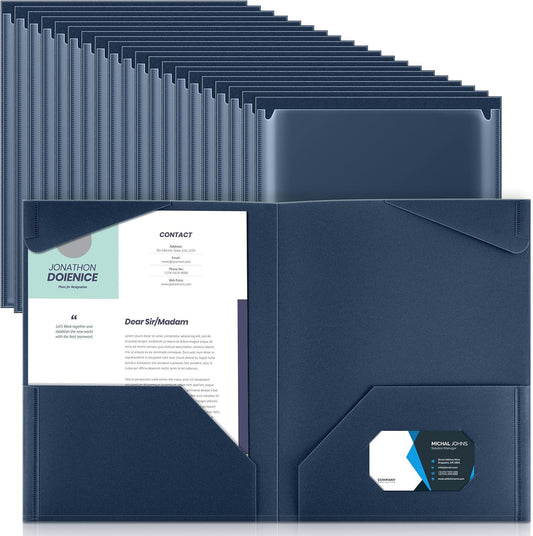Henoyso 60 Pcs Plastic Folders with Clear Front Pockets Heavy Duty File Folders with 2 Pockets and Card Slot for Student Communication School Office (Navy Blue)