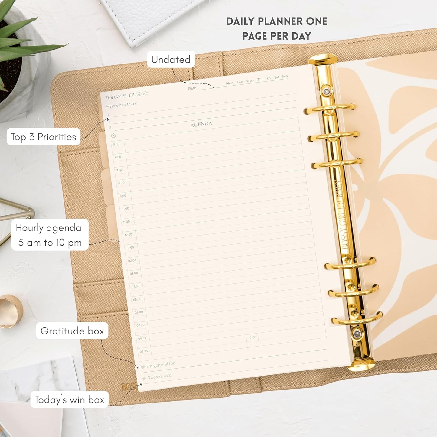 Bossy Girl Journey - A5 Daily Planner Binder – Undated Time Blocking Refillable Organizer for Women with 110gsm Paper, PU Leather Cover, Stickers, Dividers, Pen Loop, Gift Box – Goal Setting & Productivity (Gold)