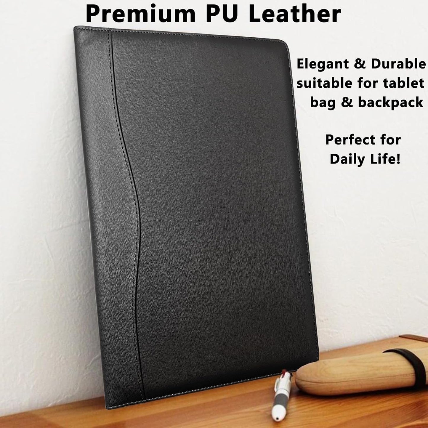 Portfolio Folder Padfolio with A4 Clipboard, PU Leather Portfolio Clipboard Business Binder Writing Clip Board Organizer for Legal Documents Business Card Men Women Black