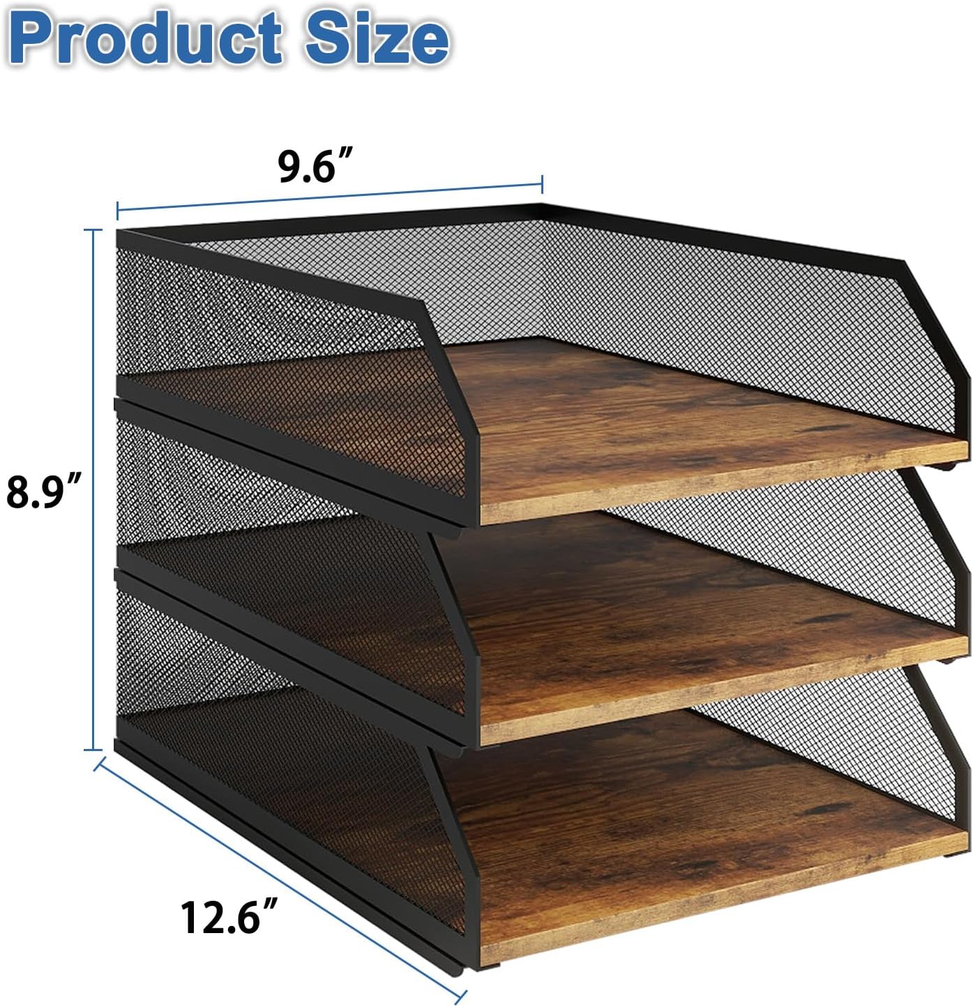 Natwind 3-Tier Stackable Paper Tray, Metal Mesh Desktop Organizer, Wood Board Paper Sorter, Letter Trays,File Document Storage Rack for for Home, Office, School (Retro)