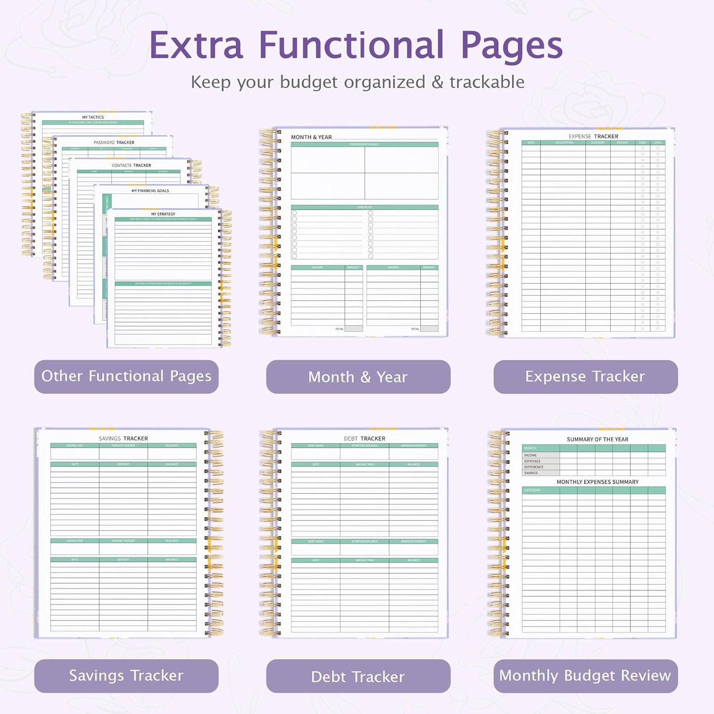 Ospelelf Budget Planner - Monthly Budget Book with Expense Tracker Notebook, Undated 12 Month Bill Organizer & Finance Planner, A4 Account Book with 12 Index Pockets, Zipper Pouch, Stickers Floral 3