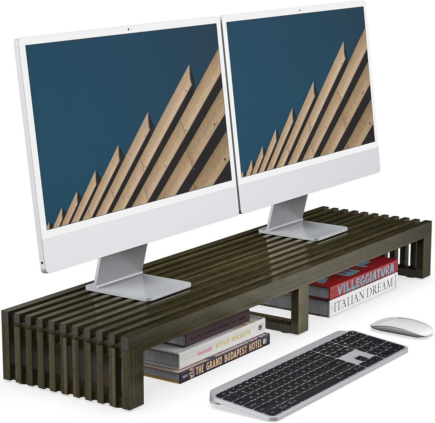 Dual Monitor Riser Stand with Airflow Vents for 2 Monitors, Double Computer Monitor Laptop Stand Grille Design, 3 Mins Assembly Farmhouse 39 inch Bamboo Desk Shelf Organizer (Wenge)