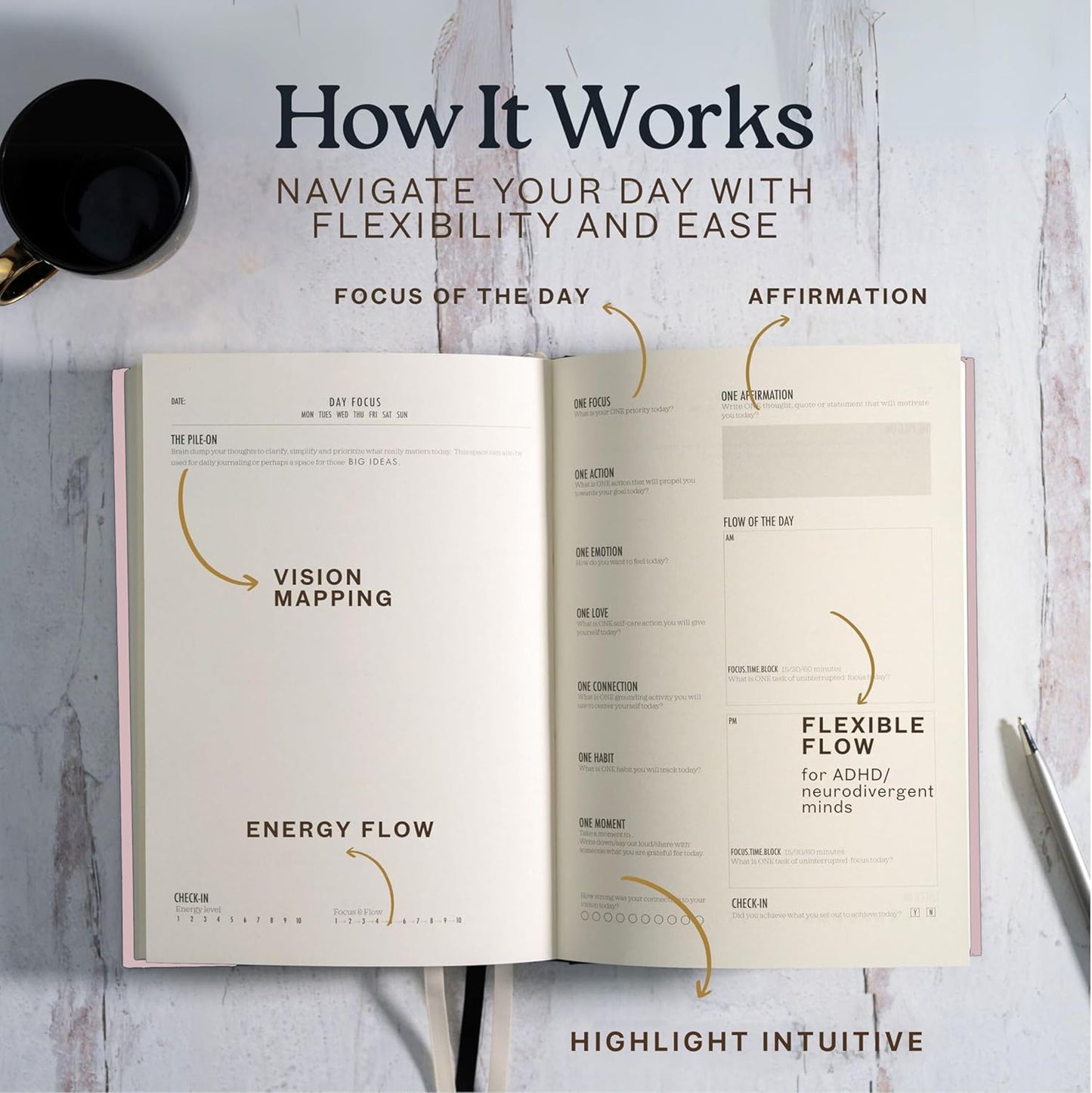 One Focus Planner: 90-Day Productivity & ADHD Management Tool with Goal Setting, Daily Planning, Habit Tracker, and Mindfulness for Focus, Mental Clarity & Anxiety Relief – Ideal for Busy Adults and Neurodivergent Minds; Pink