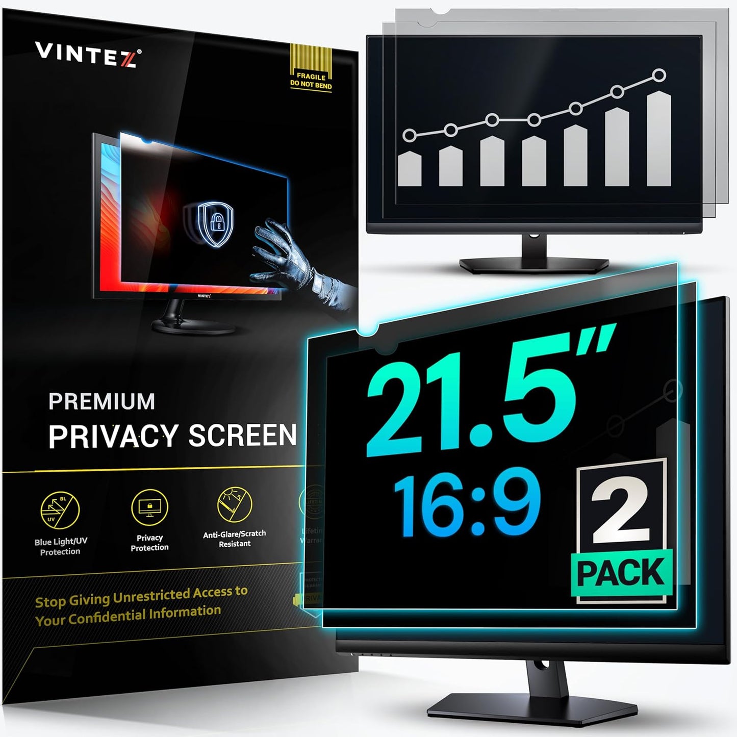 VINTEZ [2 Pack] 21.5 Inch 16:9 Privacy Screen for Computer Monitor and Laptop - Anti Glare Protector Film Blue Light Filter Eye Protection - Computer Screen Privacy Shield
