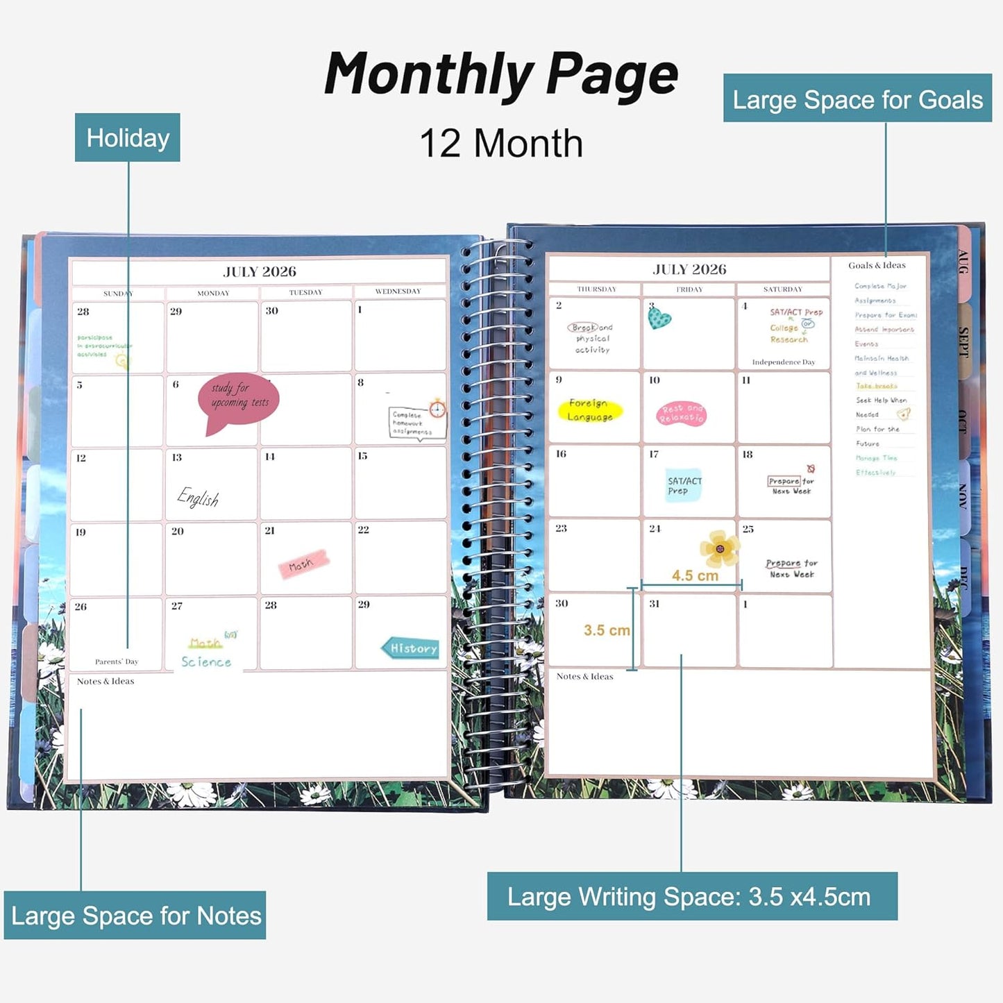 CAGIE Planner 2026 Monthly (Jan. 26-Dec. 26), 12 Month Academic Planner 8.5"x11", Large Daily Planner with Hourly Timeslot, Monthly Tab, Spiral Binding, Bookmark
