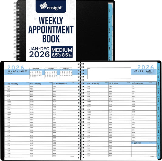 Ensight 2026 Appointment Book & Planner Ensight 6.5 x 8.5 inches Large Tabbed Daily Hourly Weekly Planner Schedule Book 30 Minute time Slots Business & Personal Planner Jan 2026 Dec 2026 Blue