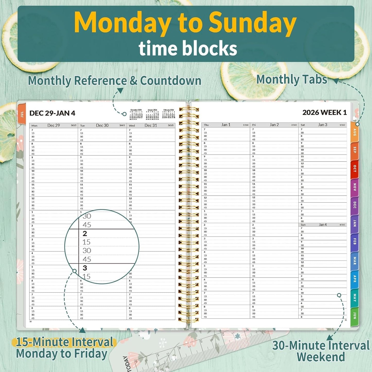 SUNEE 2026 Appointment Book, Quarter-Hourly, Weekly & Monthly - from January 2026 - December 2026, 8.5"x11" Weekly Planner, Flexible Cover, Note Pages, Pockets, Bookmark, Green Wildflowers