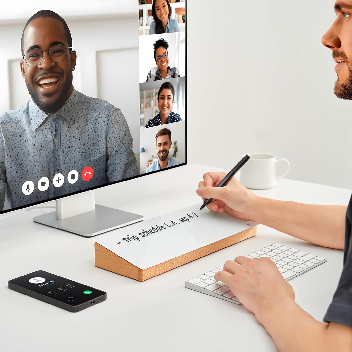 Glass Desktop Whiteboard with Wood Organizer for Small Office Accessories, Aesthetic Desk Dry Erase White Board with Drawer for Home Office Cubicle, Marker & Eraser Included, Yeoux