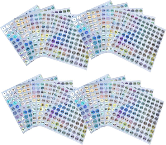 20 Sheets 1 to 500 Waterproof Reflective Laser Number Stickers,Round Self Adhesive Stickers/Inventory/Storage Organizing Sticker