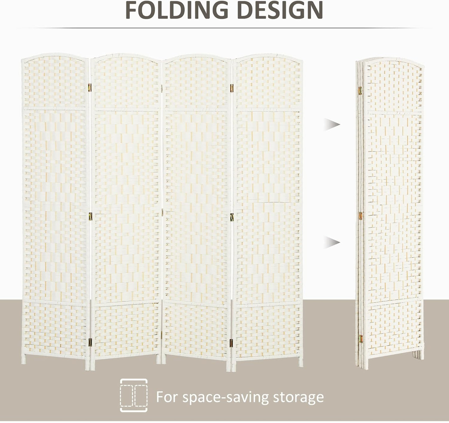 HOMCOM 4 Panel Room Divider, 6' Tall Folding Privacy Screen, Hand-Woven Freestanding Wall Partition for Home Office, Bedroom, White