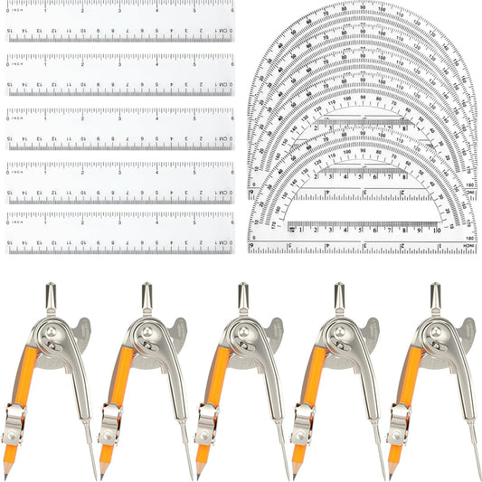 20 Pieces Geometry Math Set Compass for Geometry Math Compass and Protractor Set Include Metal Compass with Pencil Plastic Ruler and Protractor for Student School Office Woodworking Drawing Tools