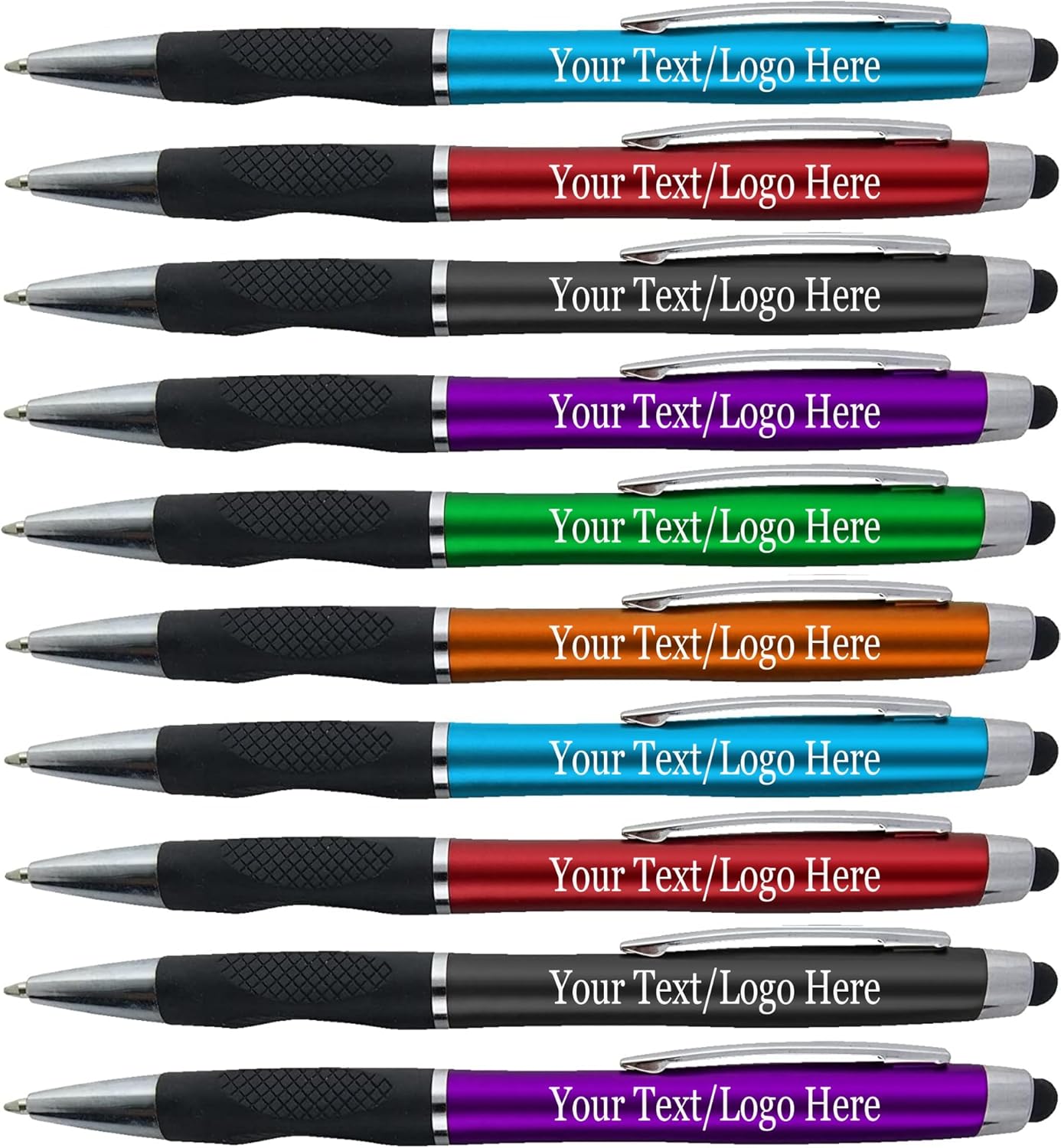 Personalized Pens With your Custom Logo or Text-300 Pack Bulk-for Businesses, Parties, and Events, 2 in 1 Ballpoint Pen + Capacitive Stylus for Touchscreen Devices, Dark Assorted Barrels, Blue Ink