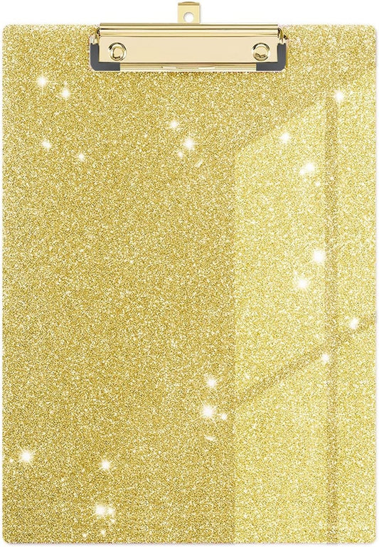 Glitter Acrylic Clipboard Decorative Standard A4 Letter Size 12.2" x 8.7", Fashion Bling Clip Boards with Designed Low Profile Gold Clip for Classroom Office - Gold