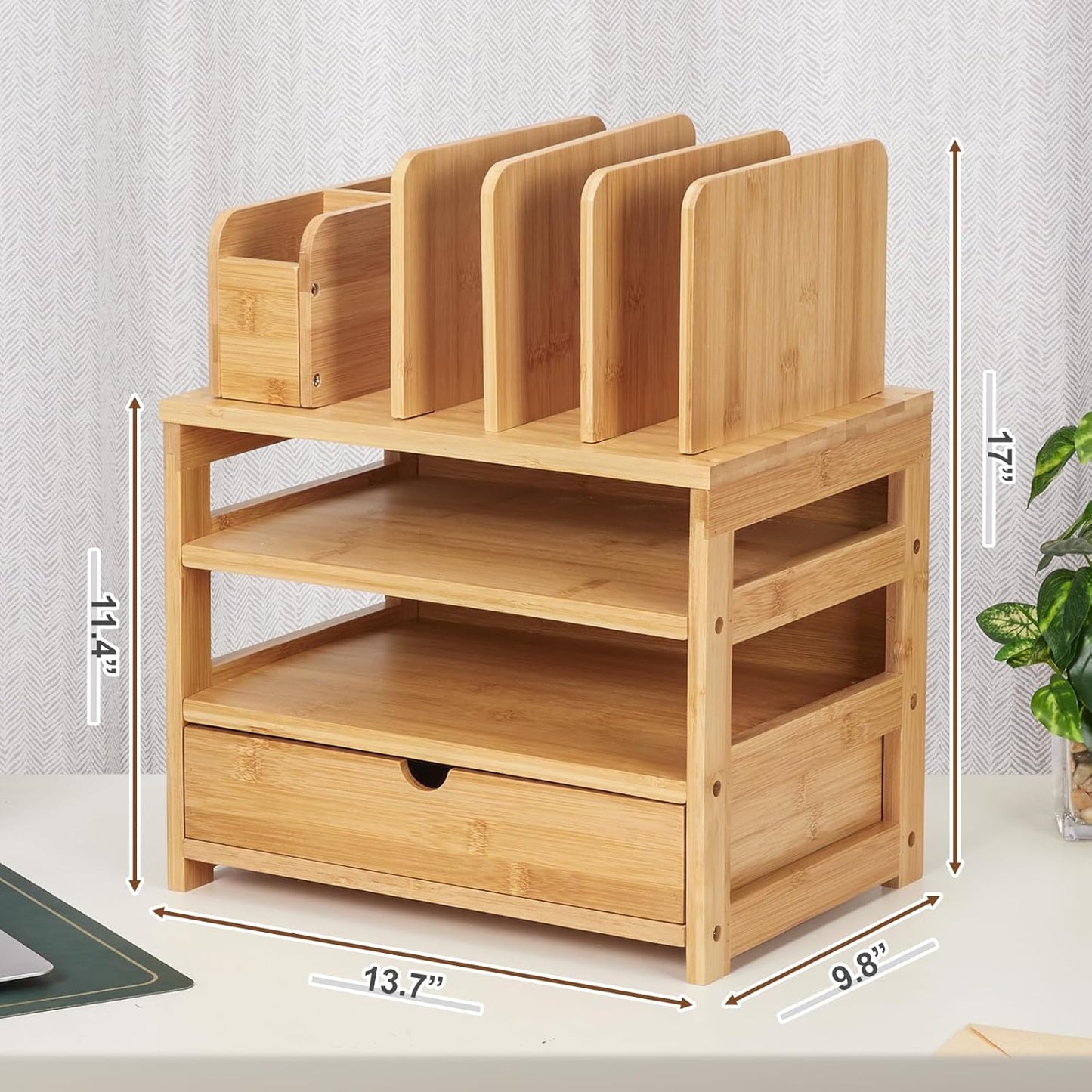Homde Bamboo Desk Organizer with Drawer and File Holder, Office Organization for Desks with Adjustable Pen Holding, Desktop Letter Paper Tray Storage for Workplace Home School (Natural, L)