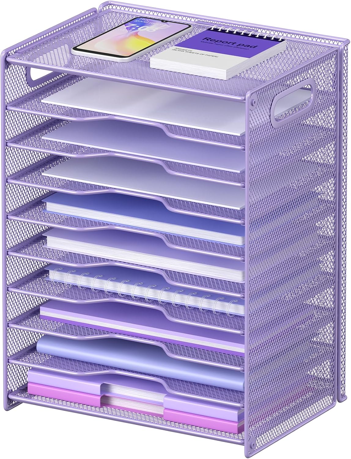 OUTWOLF 10 Tier Paper Organizer - Letter Tray Mesh Desk File Organizer with Handles for Office School Desktop, Purple
