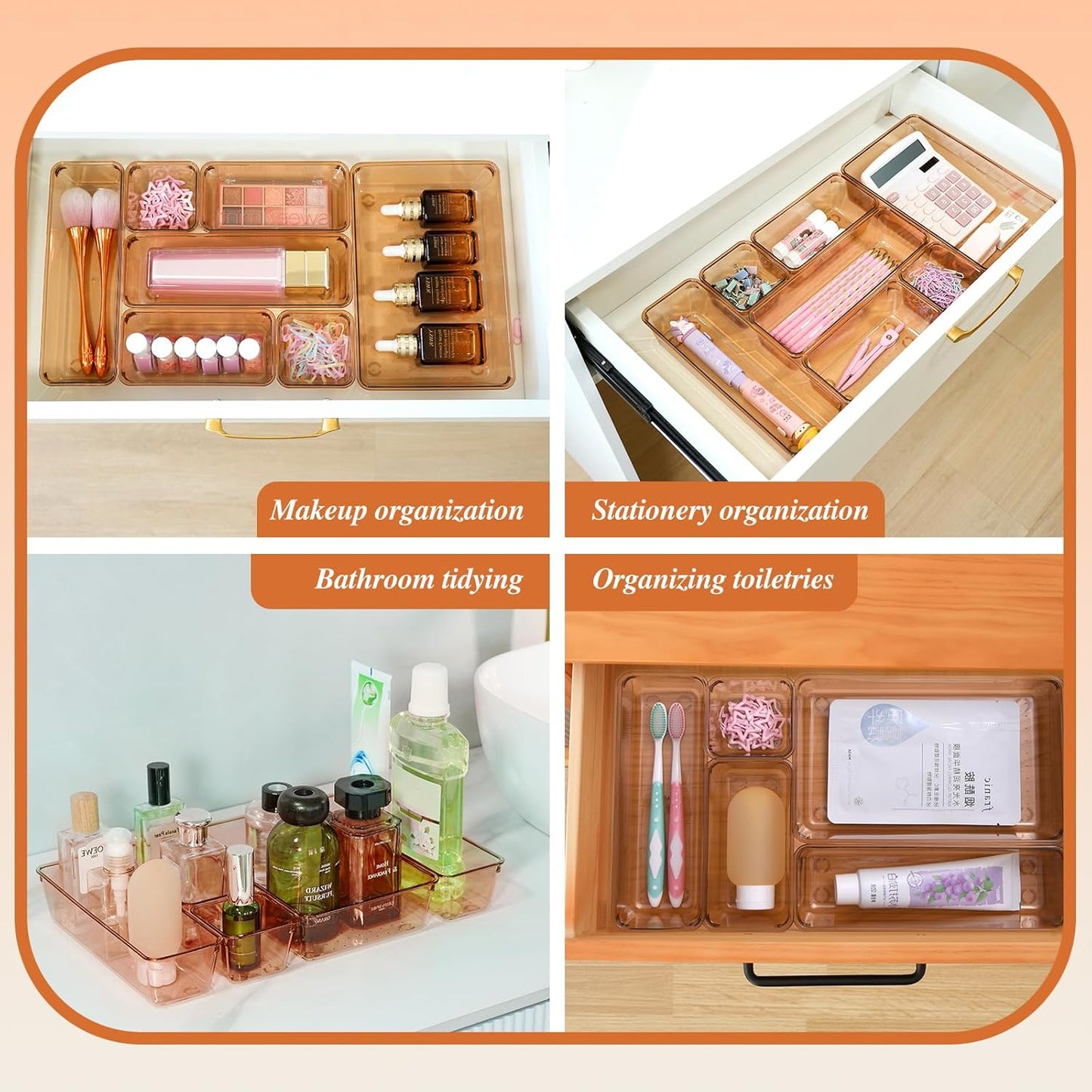 Coffee Acrylic Drawer Organizers Set Storage for Makeup, Office Desk Small Vanity Trays for Drawer Bathroom Plastic Make up Organizers 25 Pcs