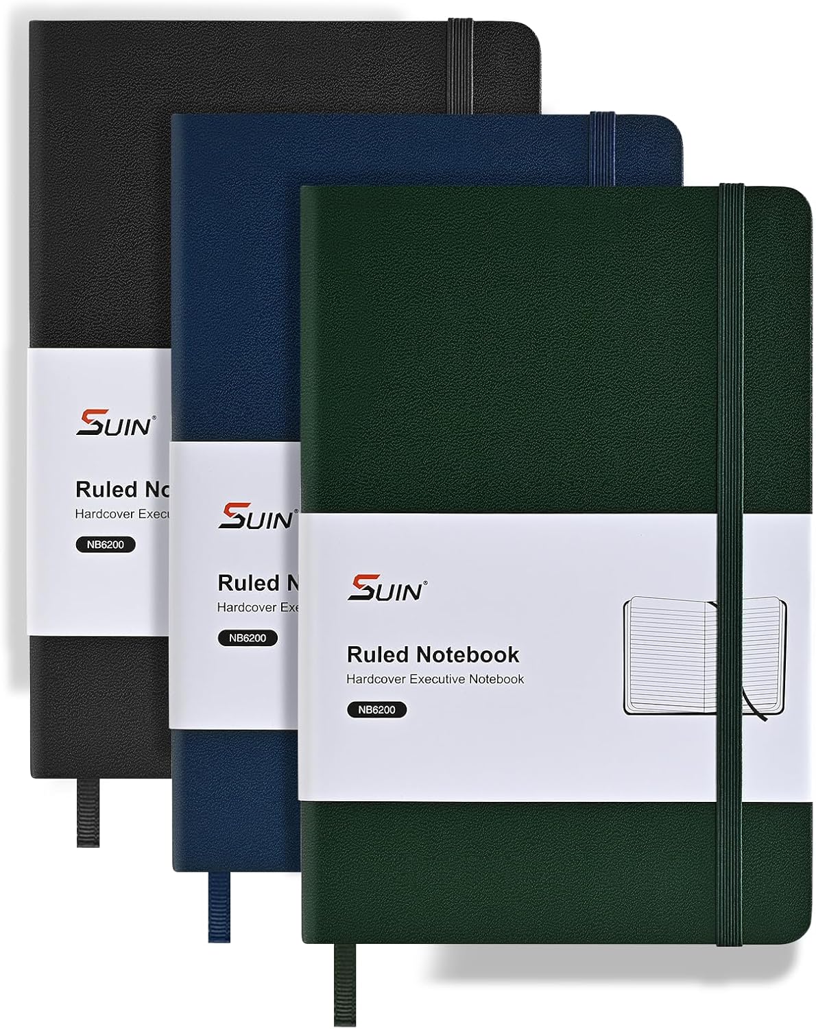 SUIN A5 Hardcover Notebook, 5.5" x 8.3", 100gsm, 160 Pages, Journal for Writing, Notebooks for work - No-Bleed Paper, Inner Pocket, Elastic Closure & Ribbon Bookmark (1, Black/Blue/Green)