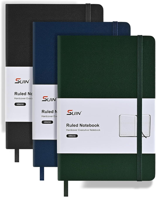 SUIN A5 Hardcover Notebook, 5.5" x 8.3", 100gsm, 160 Pages, Journal for Writing, Notebooks for work - No-Bleed Paper, Inner Pocket, Elastic Closure & Ribbon Bookmark (1, Black/Blue/Green)