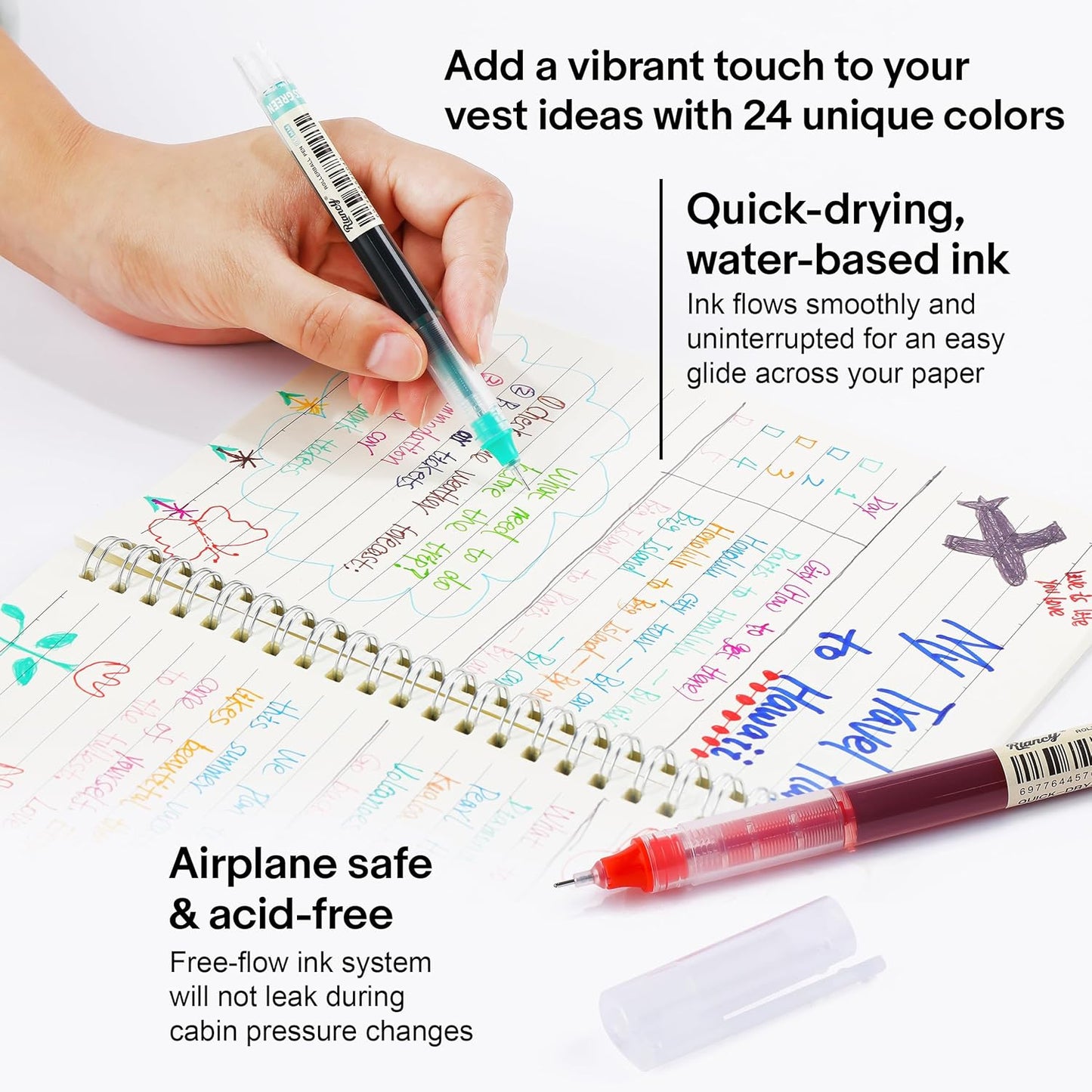 RIANCY Liquid Ink Rollerball Gel Pens, 0.5mm Extra Fine Point Tip, 24ct Assorted Colors, Smooth Writing No Smear No Bleed, Vibrant for Journaling, Drawing, Sketching, School Notes & Art Supplies