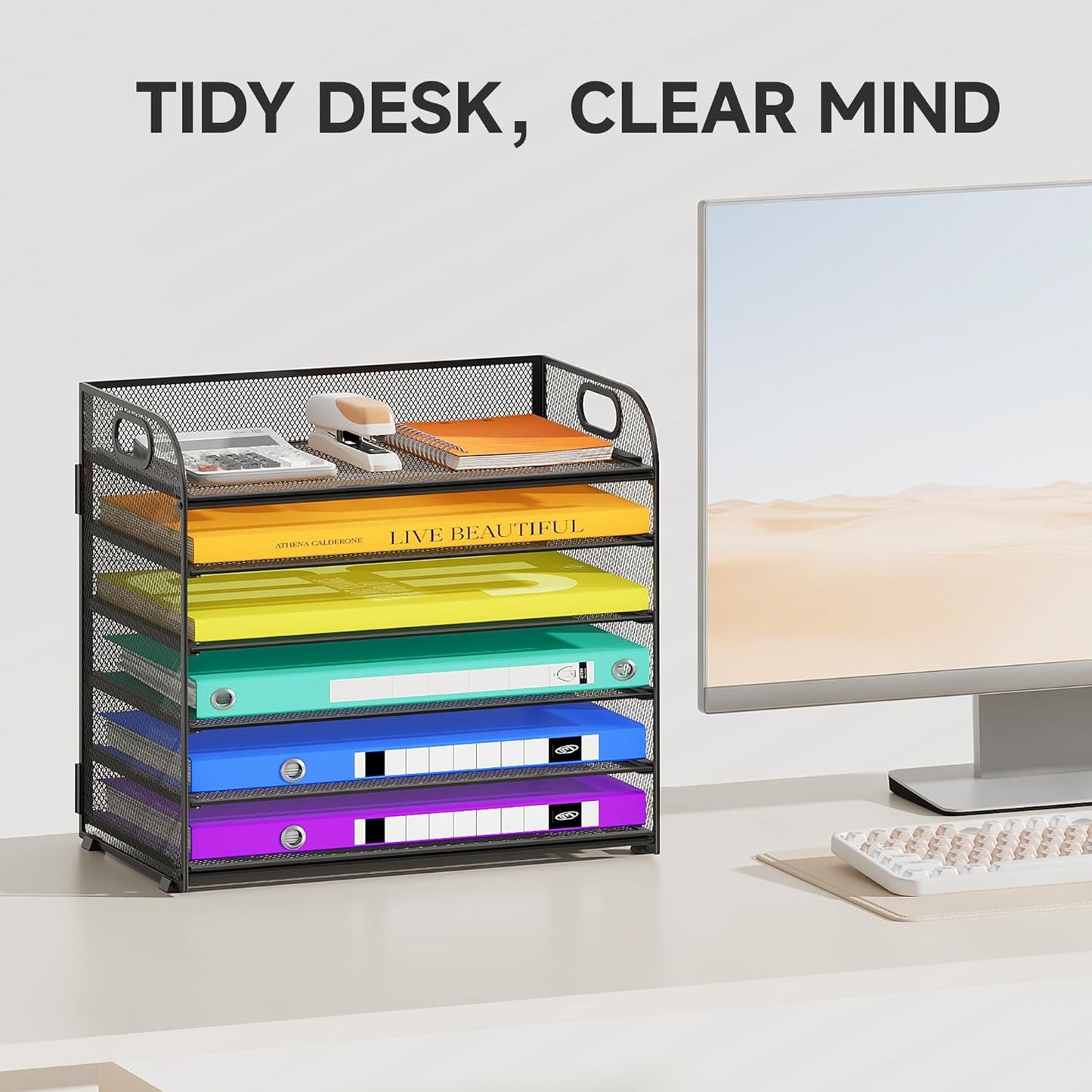 6 Tier Paper Organizer with Handle, Metal Desk Organizer Mesh Paper Letter Tray Desktop File Folder Document Sorter for Classroom, School, Office Accessories Organization and Storage - Black