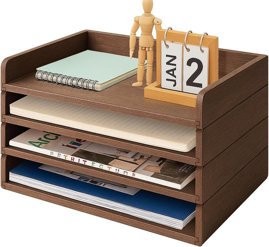 PROLEE Wooden Paper Tray Organizer for Desk,Stackable Paper Holder and Letter Tray,4-Tier Desktop File Storage Rack for Study,Home and Office(Walnut,14" x 9.5" x 2.5")
