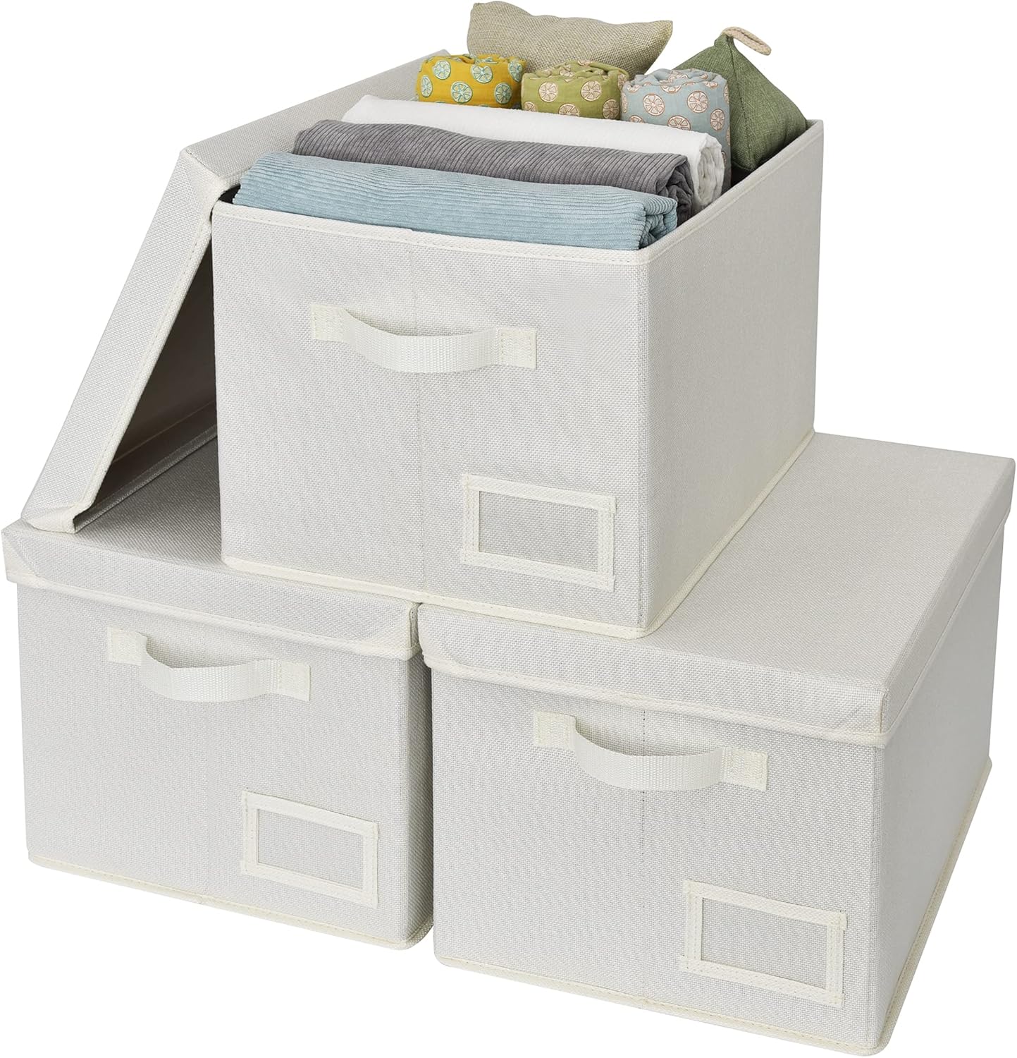 GRANNY SAYS Storage Baskets for Organizing, Linen Closet Shelf Organizers and Storage Containers with Label Holder, Large Storage Bins with Lids for Bedroom, Ivory, 3-Pack
