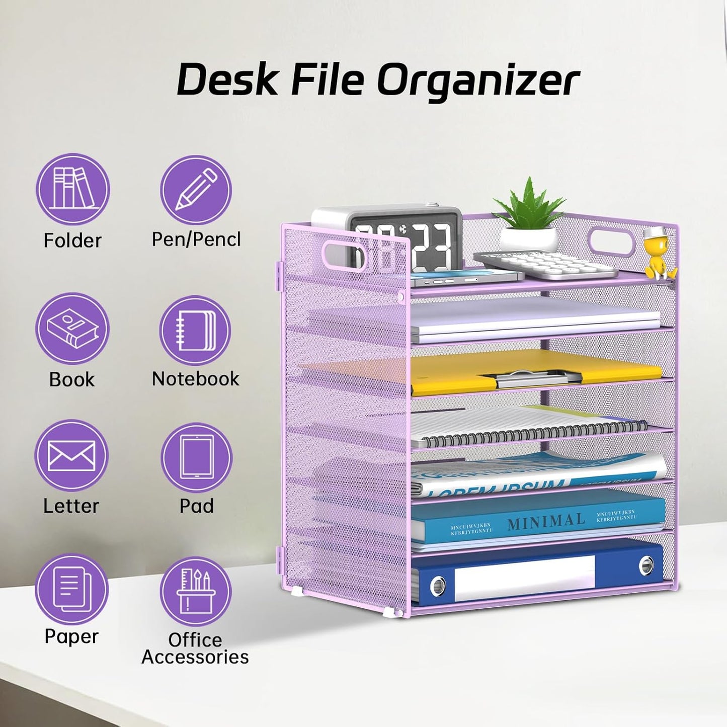 7 Tier Paper Organizer - Mesh Desktop File Holder with Handles for Office School Desk, Black (Purple)