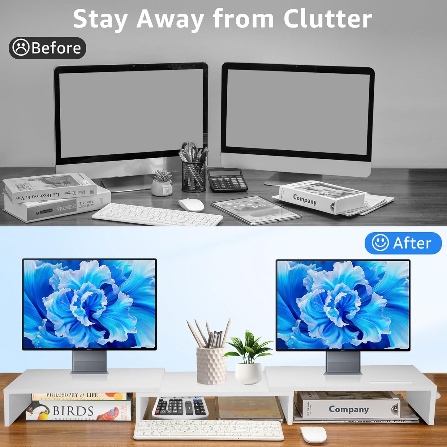 Dual Monitor Stand Riser for 2 Monitors, Monitor Stand for Desk, Adjustable Length & Swivel Angle Wooden Desktop Organizer Stand Riser with Smartphone Holder for PC Monitor Laptop, White