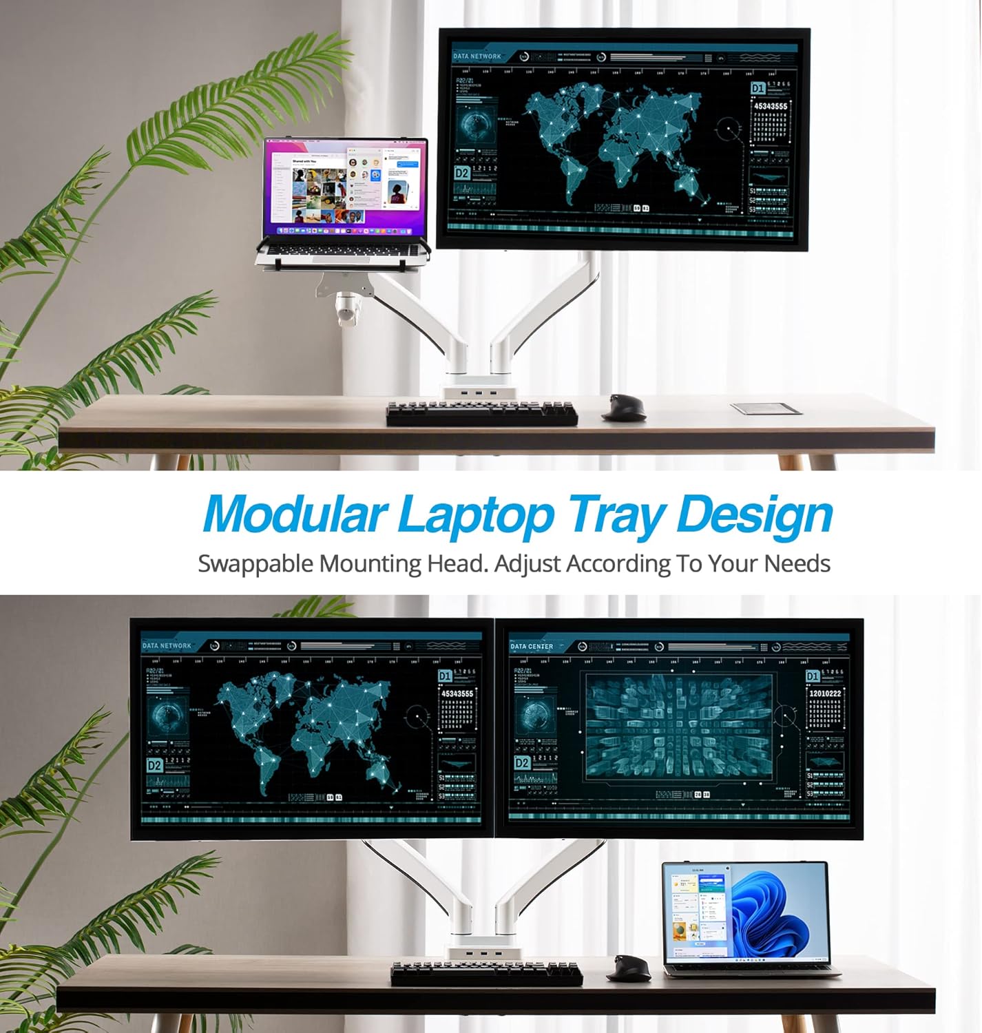 AVLT Dual 17”-43" Monitor Arm Desk Mount with 15" Laptop Tray and USB-C Docking Station, HDMI 4K60Hz, USB-A 5Gbps, Ethernet, 100W PD, Fits Two Flat/Curved Monitor - White