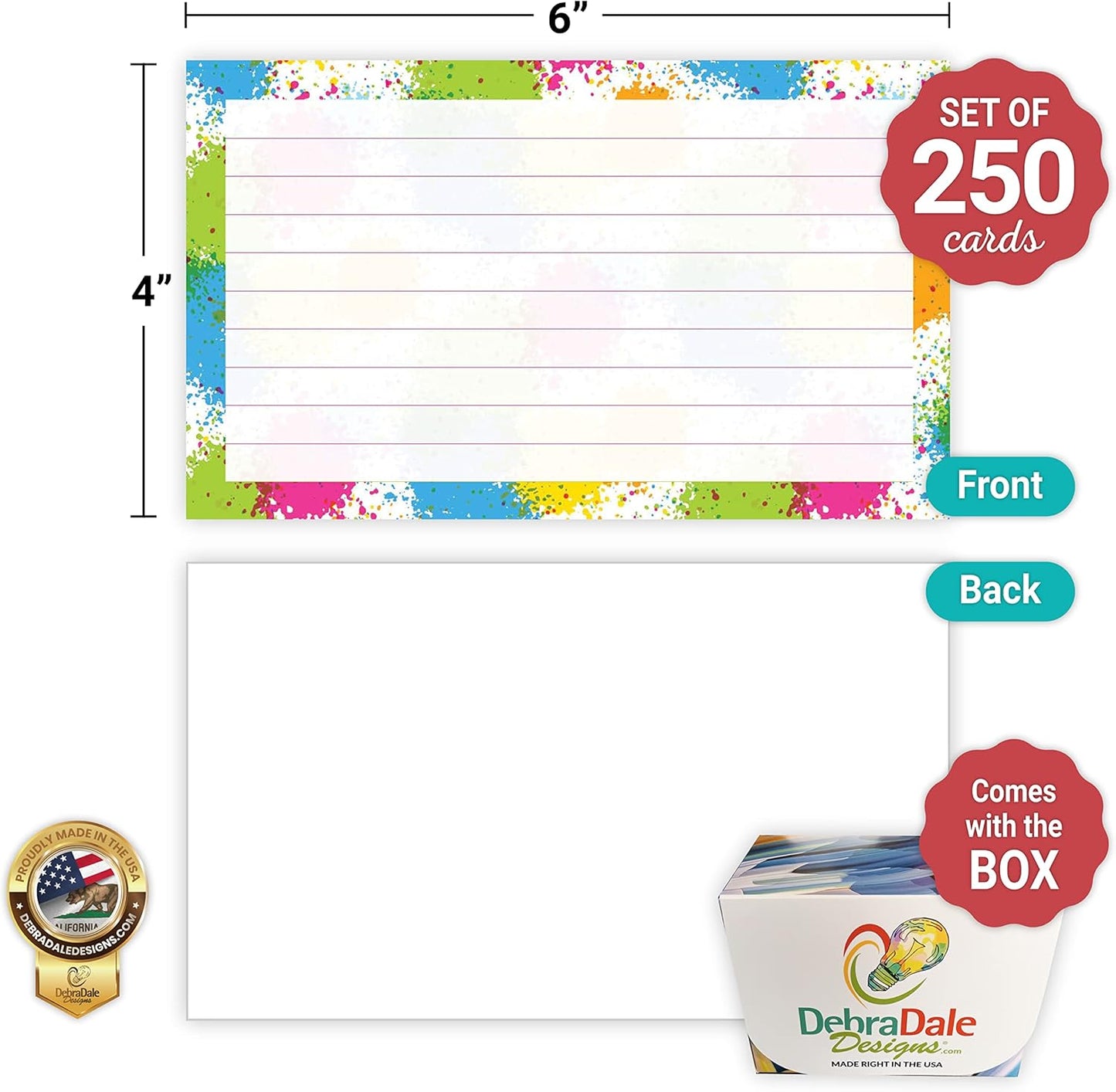 Artistic Flair 250-Pack Ruled Index Cards - 4"x6" - 140# Premium Cardstock with Paint Splatter Design - Elegantly Boxed - Made in USA