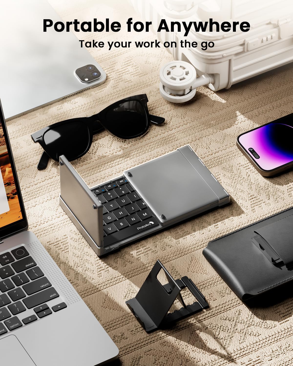 ProtoArc Foldable Keyboard with Touchpad, XK01 TP Folding Portable Keyboard, Full Size Keys, Large Trackpad Bluetooth Travel Keyboards for Laptop PC Tablet - Black Gray