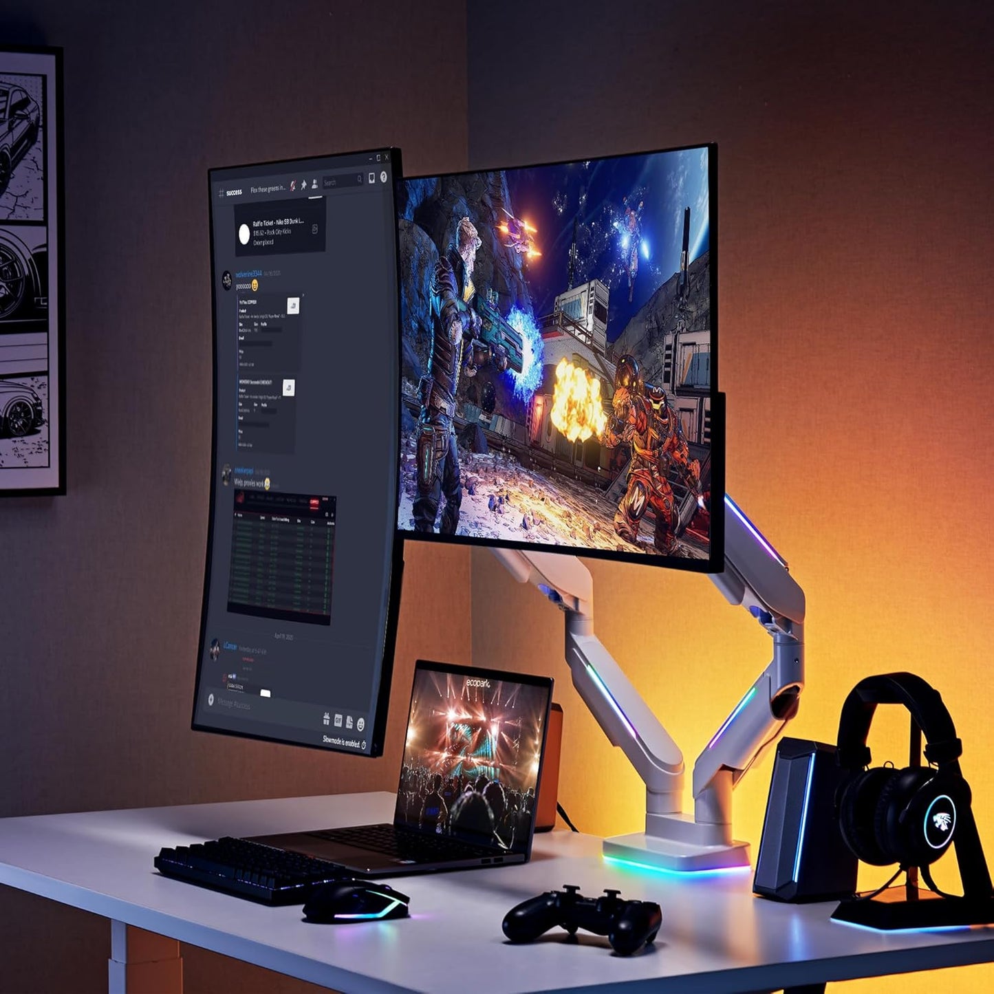 AVLT RGB Lights Dual 17”-43” Gaming Monitor Arm Desk Mount, Fits Two Flat/Curved/Ultrawide Screen up to 44lbs(20kg), Height Swivel Tilt Adjustable Stand – White