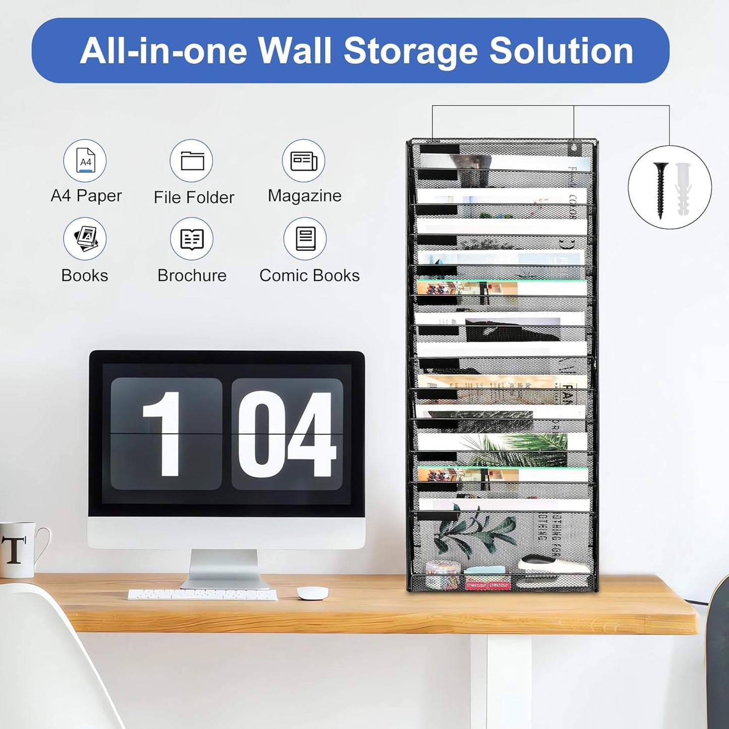 EasyPAG Wall File Holder Organizer 14 Tier Mesh Hanging Wall Mounted Document Paper Folder Filing Magazine Rack with Nametag Label for Office Home School, Black