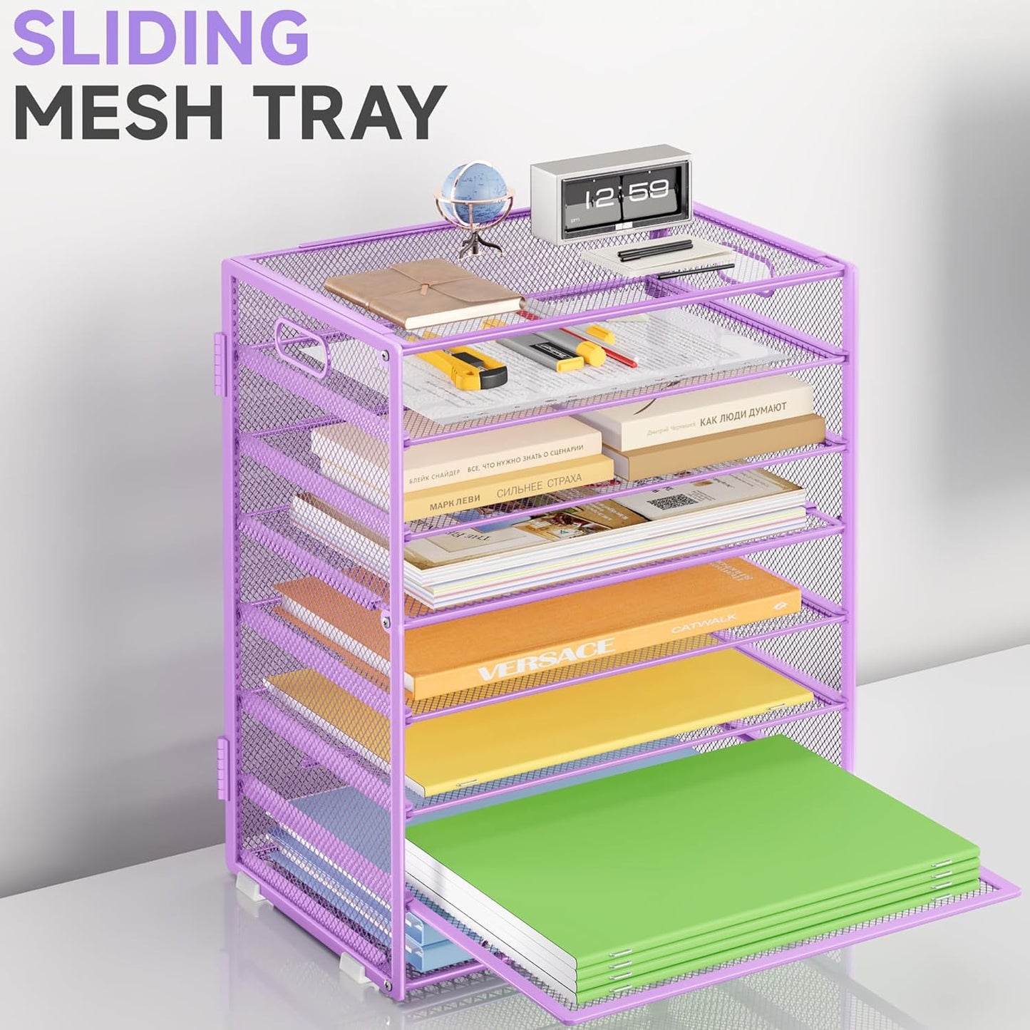 Paper Organizer with Handle Metal Mesh File Sorter for Desk Organizers Paper Letter Tray Desktop Document Sorter for Office or School 2 Pack 8 Tier Purple Desk Storage
