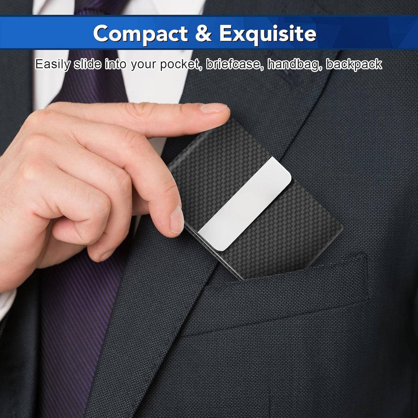 Business Card Holder, Metal Slim Business Card Case, Pocket Card Holder for Women or Men, PU Leather Business Card Holder Case RFID Blocking Name Card Holder with Magnetic Closure, Black Carbon