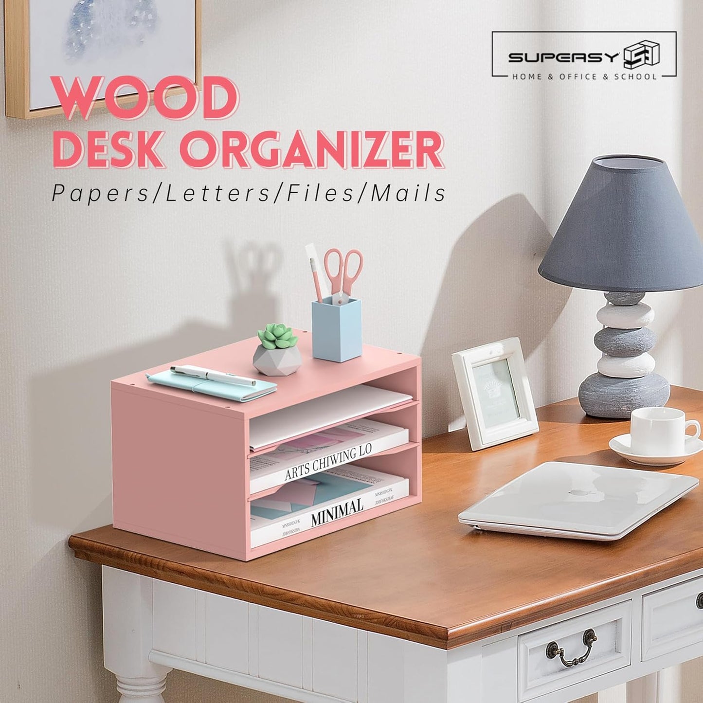 SUPEASY Wood Desk Organizer, 3 Tier Paper File Organizer for Desk, Wooden Desktop Organizer, Paper Letter Literature Mail Sorter, for Office School & Home Organization, Pink