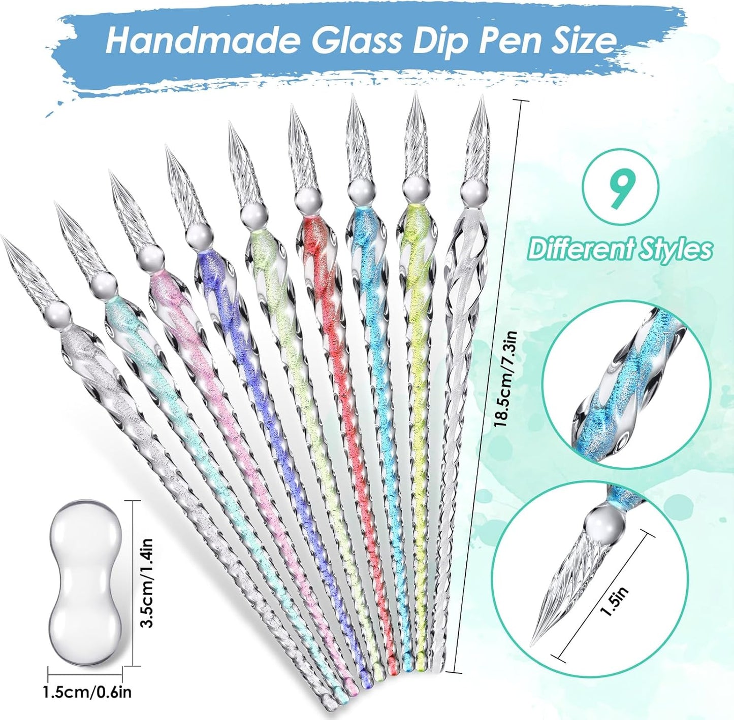 Outus 9 Pieces Glass Dip Pen Handmade Glass Signature Pen High Borosilicate Glass Crystal Vintage Dip Pen with 9 Pieces Pen Holder for Writing Drawing Calligraphy (Classic Color)