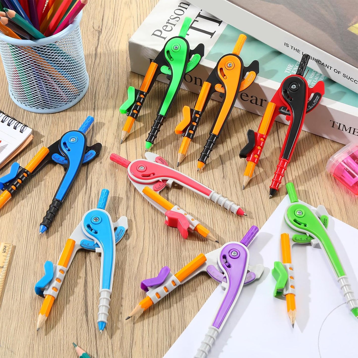 Zonon Student Math Geometry Compass Bulk 6 Inch Plastic Drawing Compass with Pencils Bright Color Precision Tool Back to School Supplies(100 Pcs)