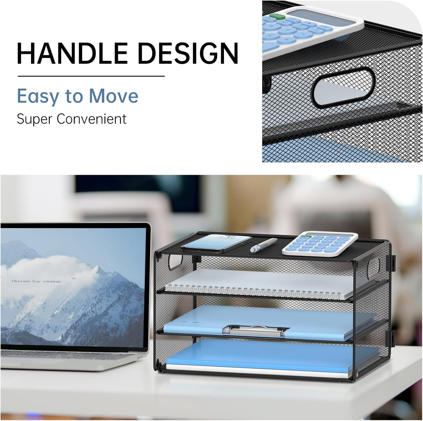 DALTACK 3 Tier Letter Tray Paper Organizer with Handle, Mesh Desk File Organizer, Paper Tray Desk Organizer for School Office Home, Metal Mesh, Black