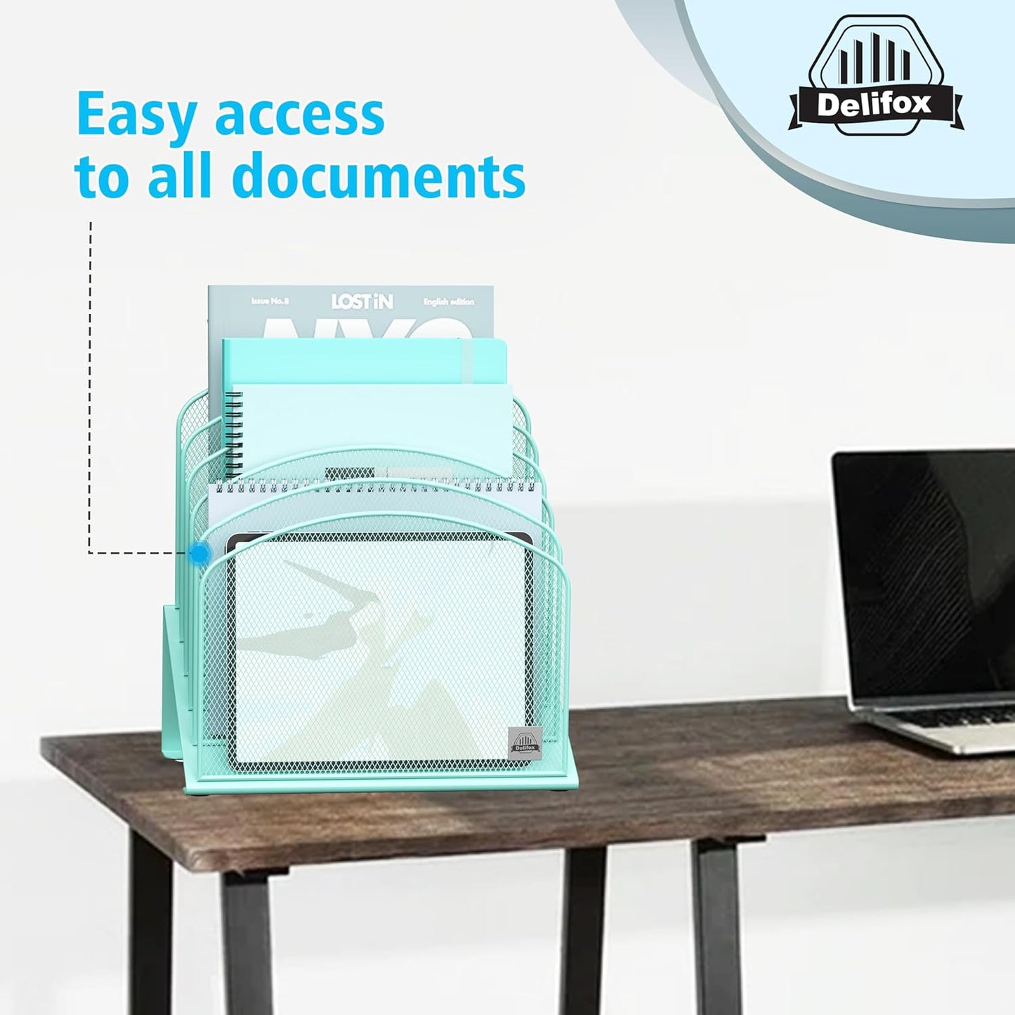 Inclined Desk File Organizer, 5-Section Vertical File Folder Holder Stand Metal Rack File Sorter for Office Classroom Desktop Organization