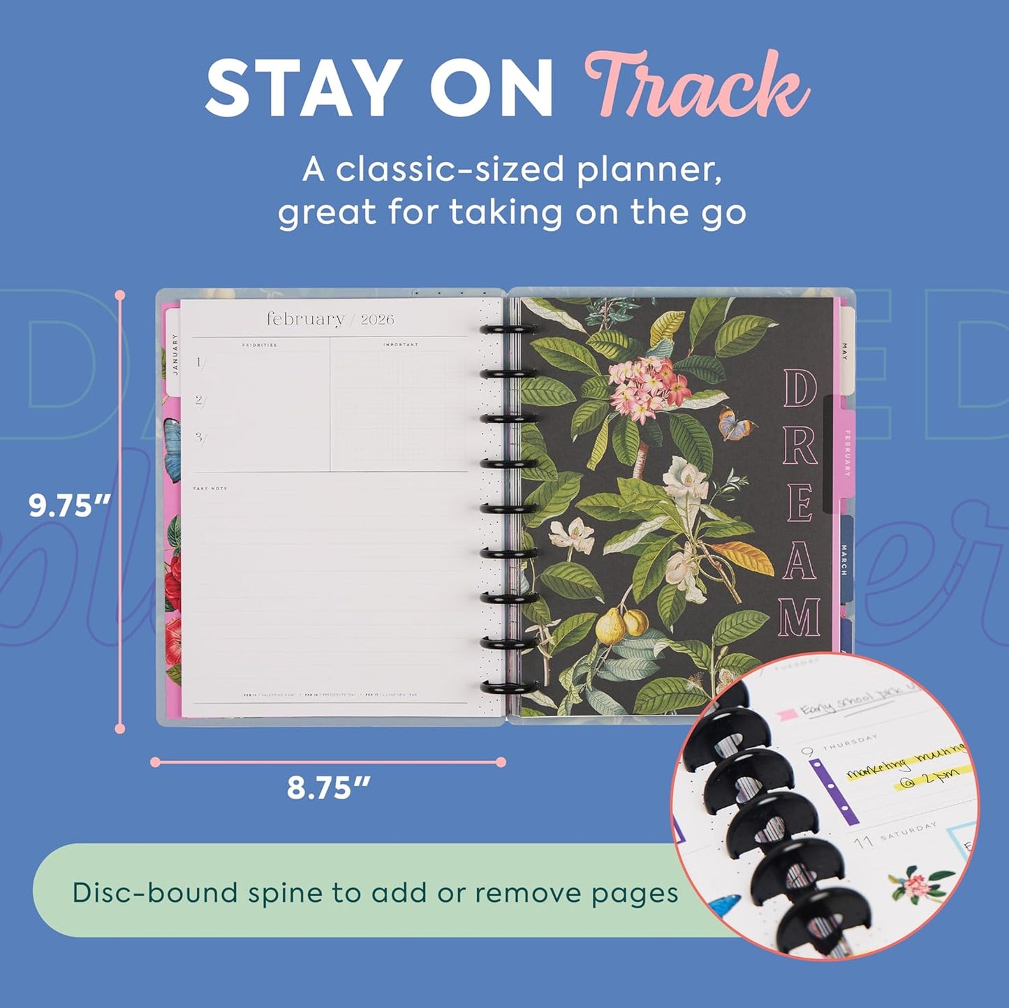 Happy Planner Disc-Bound Planner Jan.–Dec. 2026, Includes 3 Extra Months and 2 Sticker Sheets, Classic Size, 7" x 9.25", Dashboard Layout, Botanical Year