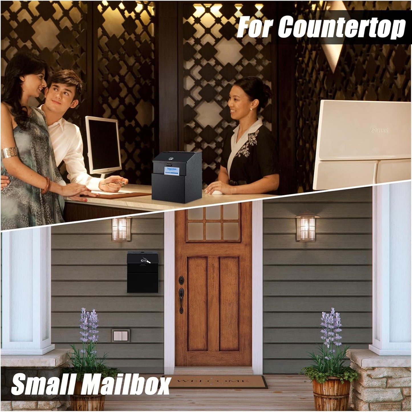 KYODOLED Suggestion Box with Lock and Slot, Metal Wall Mounted Money Key Drop Box with 100 Free Suggestion Cards, Donation and Collection for Fundraising, Black, 2Pack