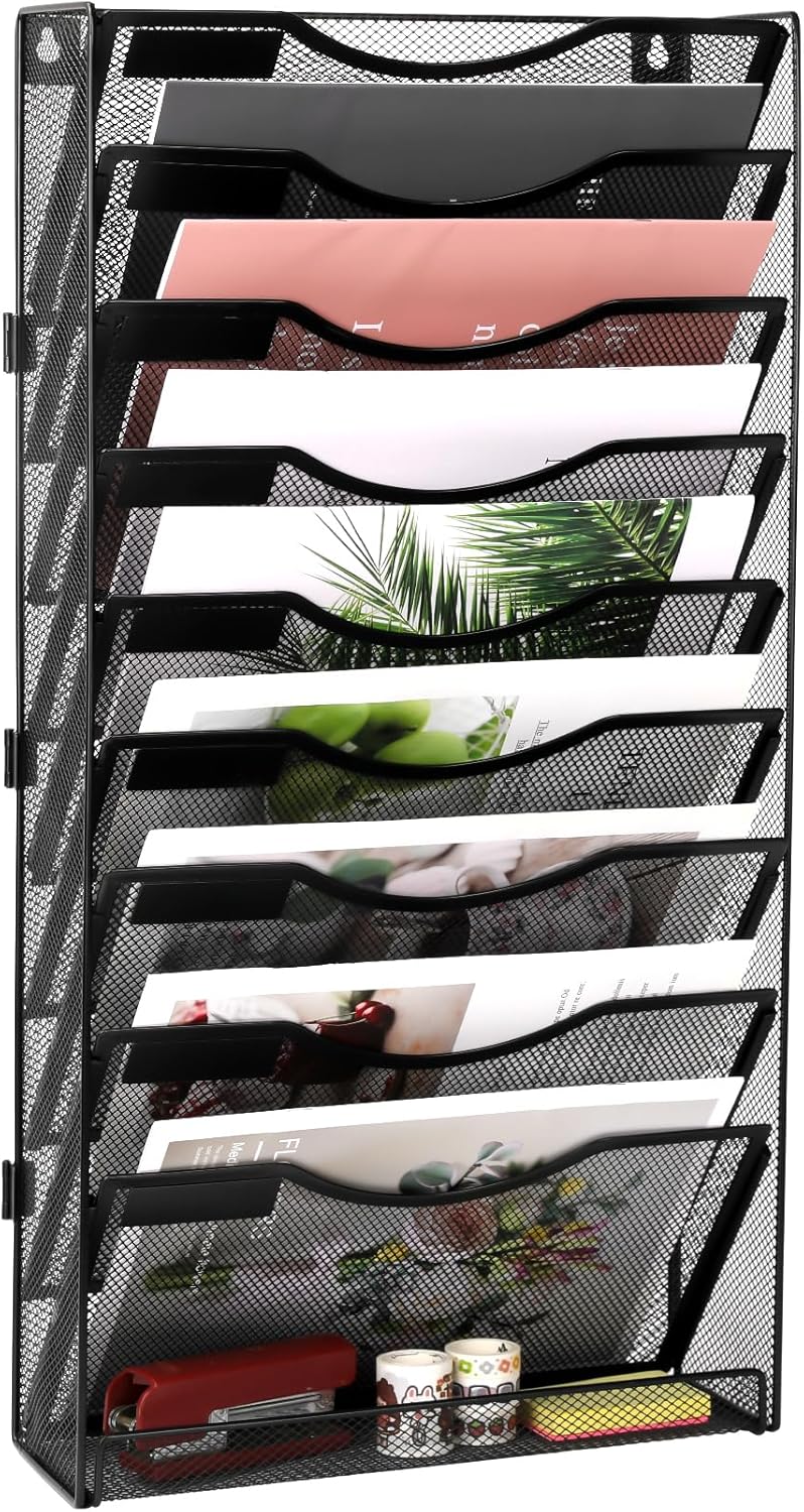 EasyPAG Wall File Holder Organizer 10 Tier Mesh Hanging Wall Mounted Document Paper Folder Filing Magazine Rack with Nametag Label for Office Home School, Black