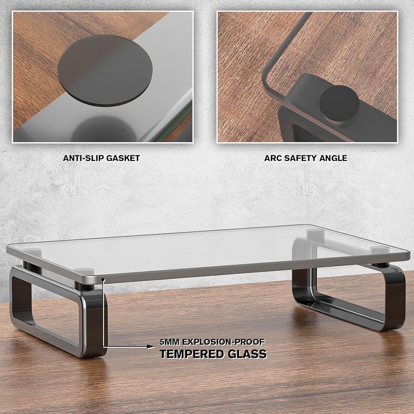 Hemudu Computer Monitor Stand Riser Multi Media Desktop Stand for Flat Screen LCD LED TV, Laptop/Notebook, with Tempered Glass and Metal Legs, Black HD02B-001U