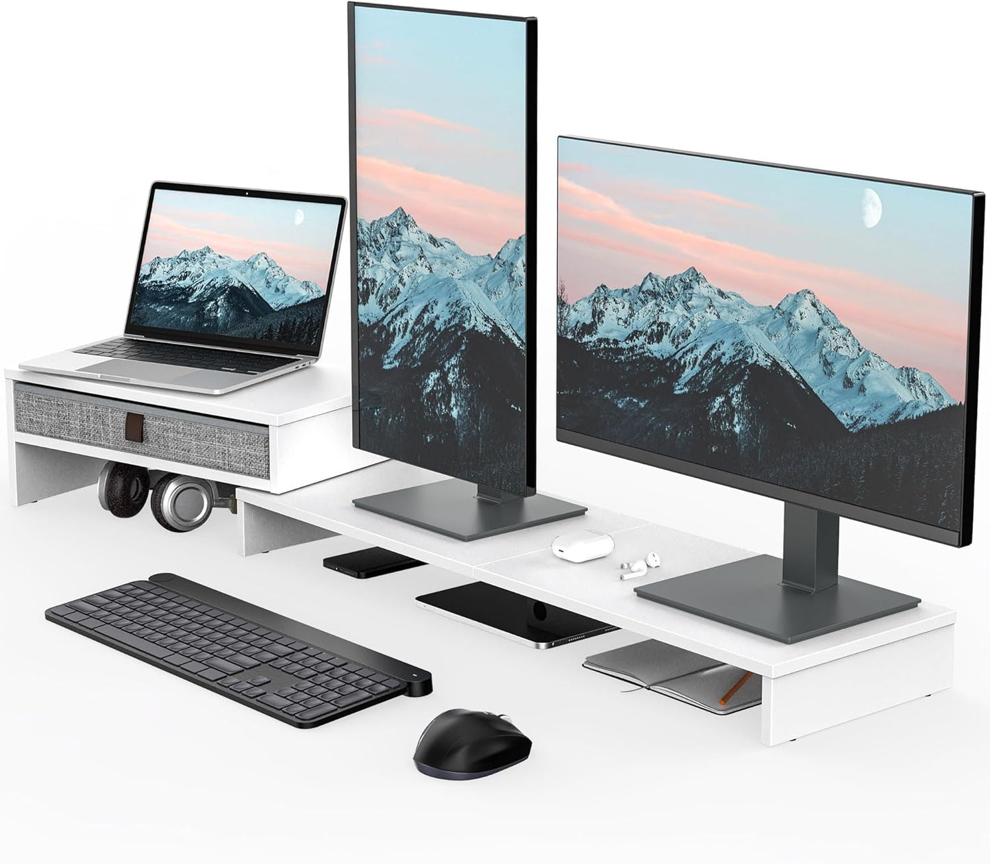 Fenge Computer Monitor Riser Stand with Drawer for 2 or 3 Monitors ,Adjustable Length and Angle Desktop Laptop Stand,Office Organizer,Printer,White