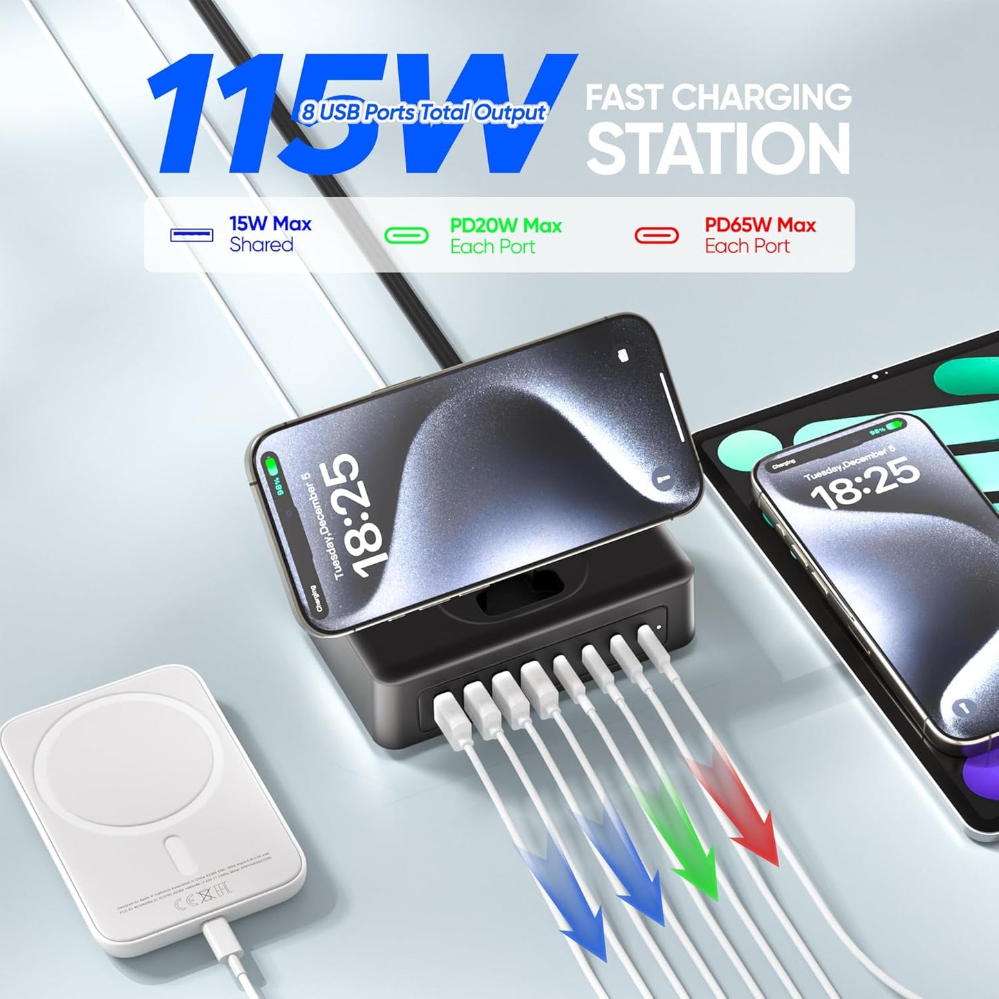 115W USB Charging Station Power Strip, 11-in-1 USB C Charger Block, 2AC Outlets with 8USB Ports(4USB-C), 5FT Flat Plug Extension Cord, Fast Charging Desktop Charger for Home Office Dorm Room, Black