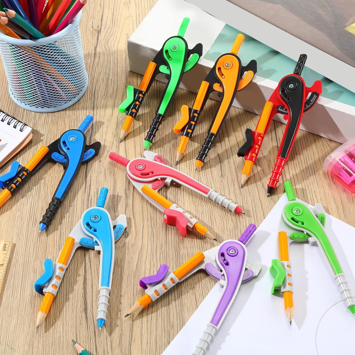 Zonon Student Math Geometry Compass Bulk 6 Inch Plastic Drawing Compass with Pencils Bright Color Precision Tool Back to School Supplies(24 Pcs)